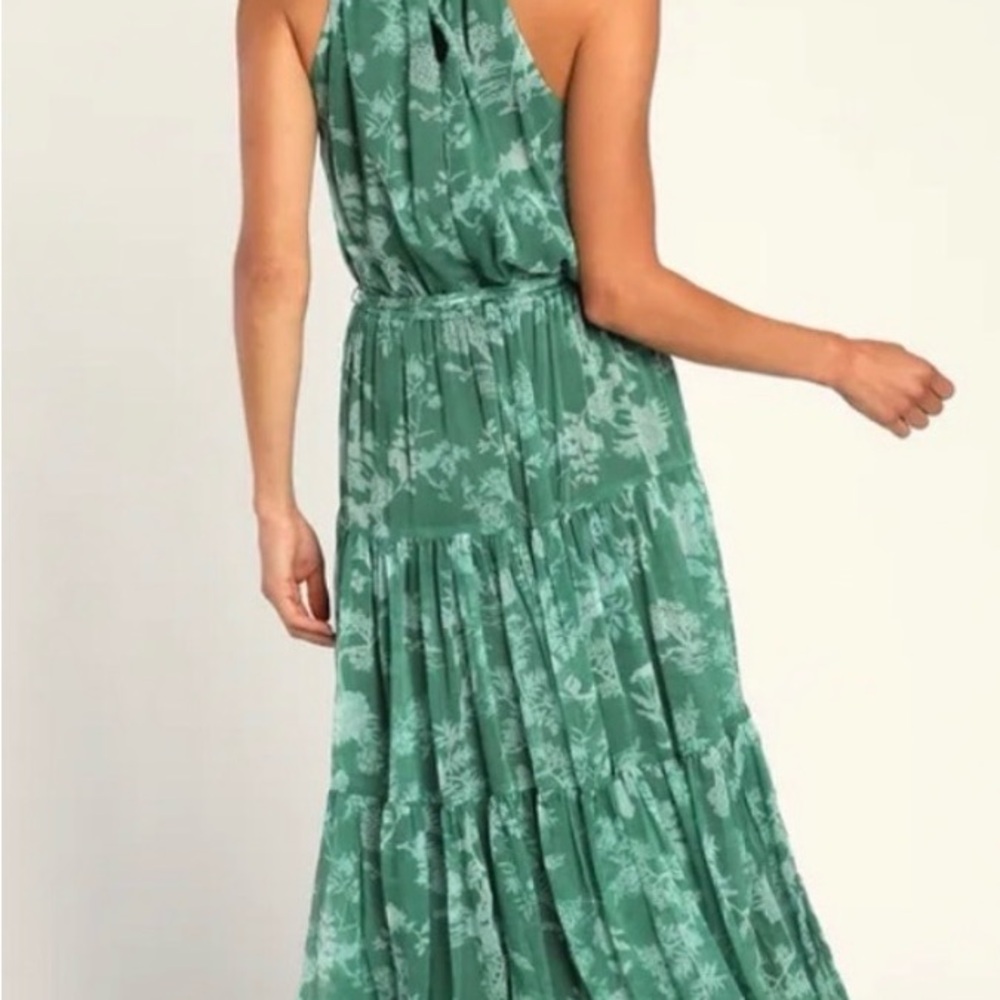Lulu's Teal Halter Tiered Midi Dress with Waist Tie - Picture 2 of 9